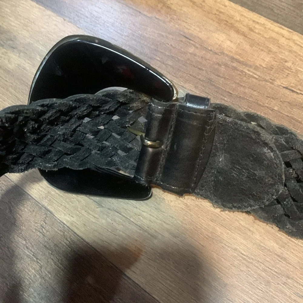 XS/SmallVintage Black Braided Leather Wide Belt With Ornate Carved Gold Buckle 0